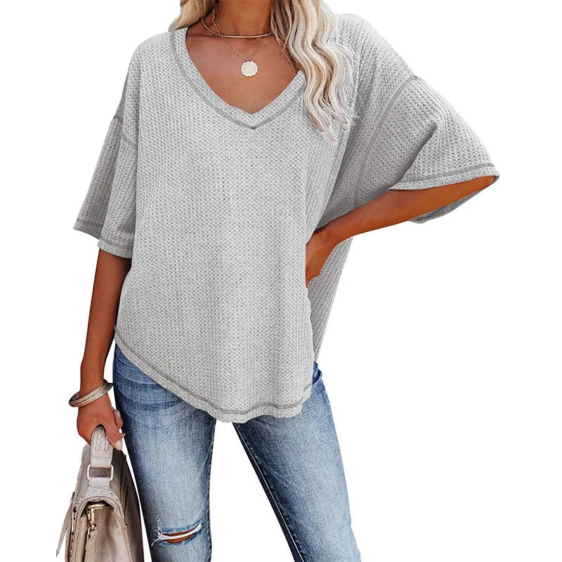 Ladies Tops bat sleeve T-Shirt V-Neck  Waffle Knit Loose Solid Color Short Sleeve - Style Savvy Collections