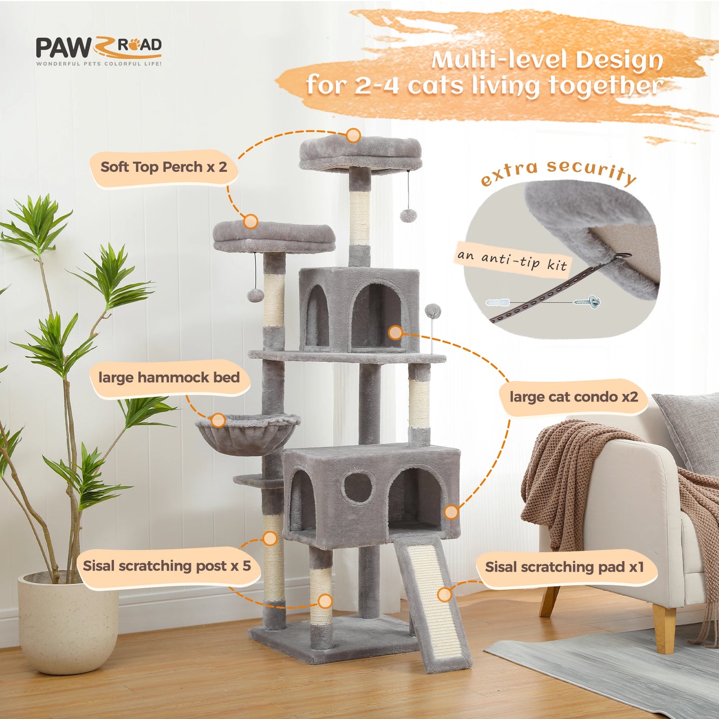 Free Shipping  Multi-Level Cat Tree For Cats With Cozy Perches