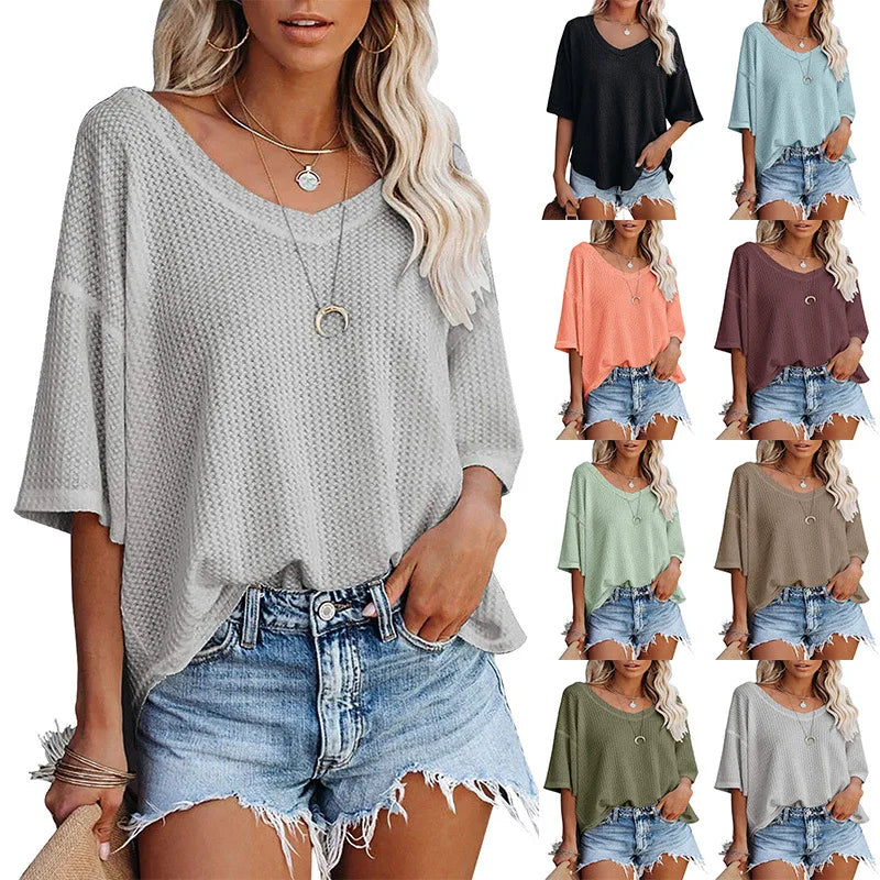 Ladies Tops bat sleeve T-Shirt V-Neck  Waffle Knit Loose Solid Color Short Sleeve - Style Savvy Collections