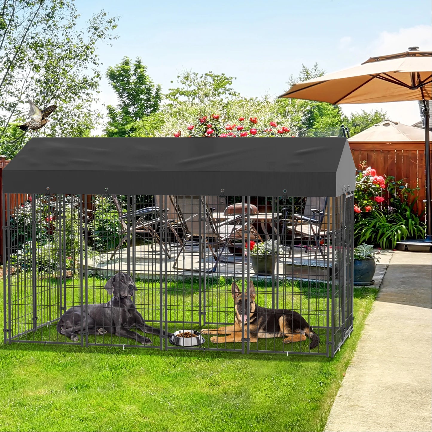 Large Dog Kennel Outdoor Dogs Welded Wire  Yard with Stakes WaterProof Cover Canopy