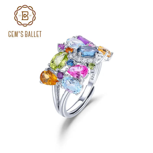 GEM'S BALLET Unique Handcrafted Multi-Gemstone Adjustable Ring, Natural, Citrine, Amethyst, Peridot, Topaz,  Sterling Silver - Style Savvy Collections