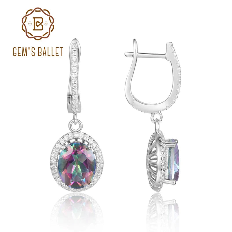 GEM'S BALLET 925 Sterling Silver Birthstone 8x10mm Oval Rainbow Mystic Topaz Gemstone Drop Earrings - Style Savvy Collections