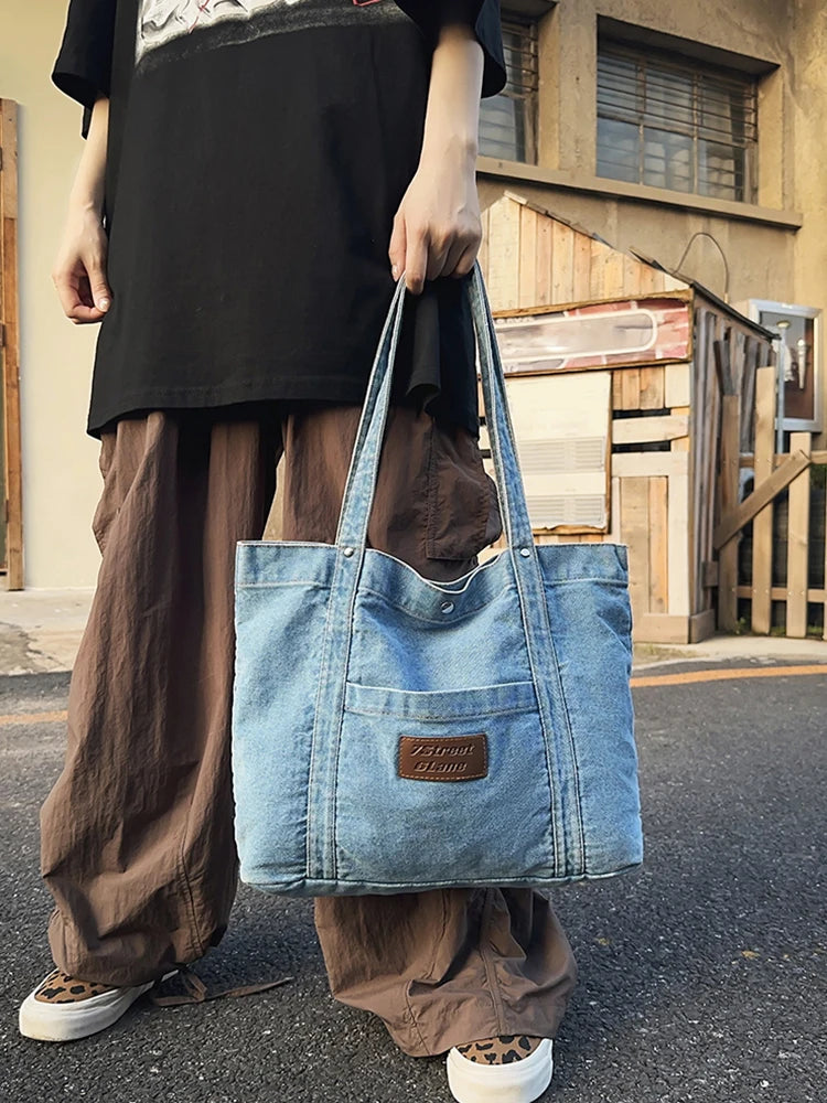 Women Vintage Tote Handbag Lightweight Denim Shoulder Bag