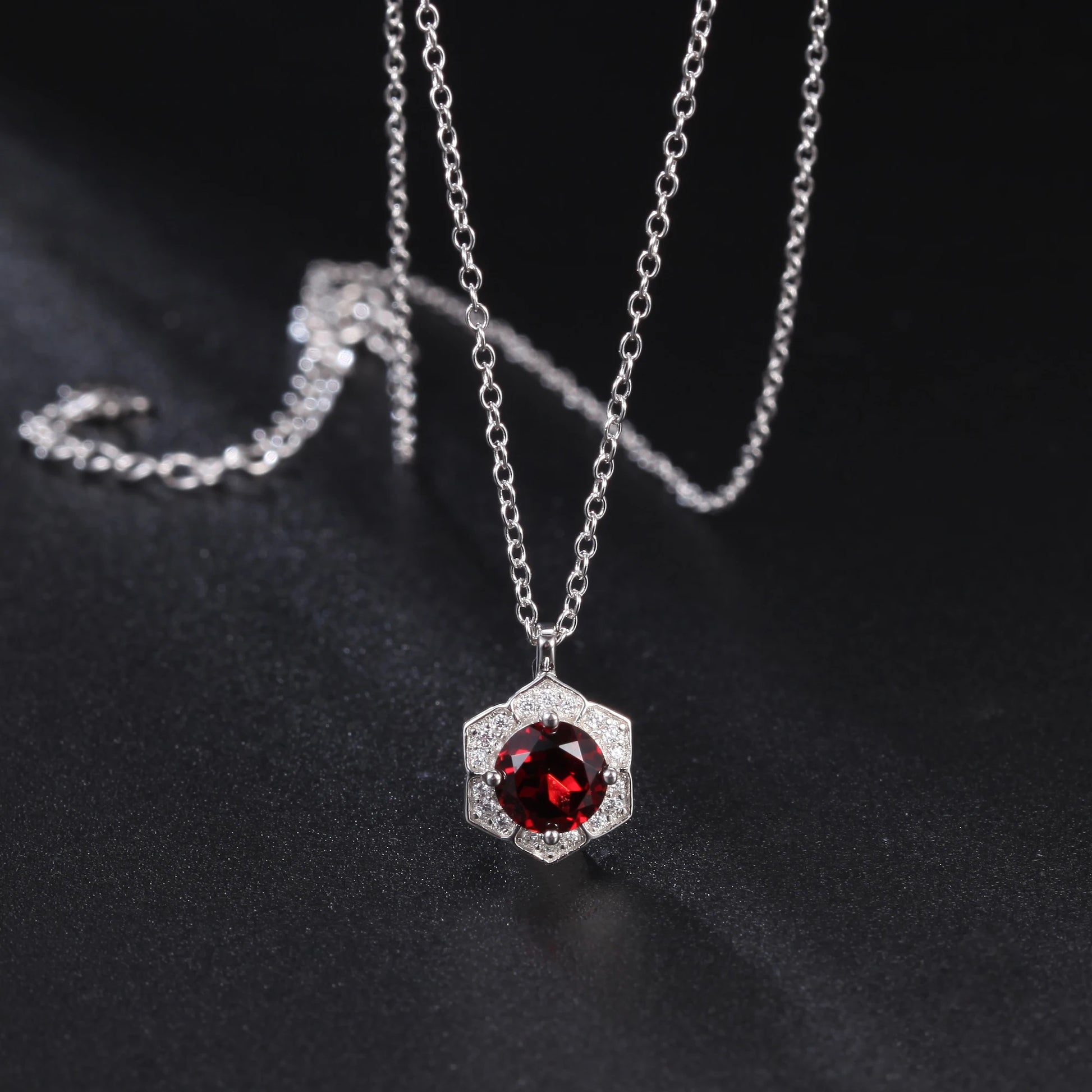 GEM'S BALLET Hexagon Gemstone Necklace 6mm Round Red Garnet Halo Solitaire 925 Sterling Silver - Style Savvy Collections