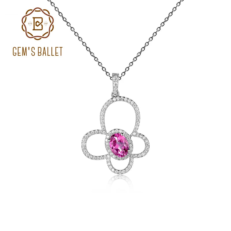 Gem's Ballet 925 Sterling Silver Flower Butterfly Necklaces 6x8mm Oval Pink Topaz - Style Savvy Collections