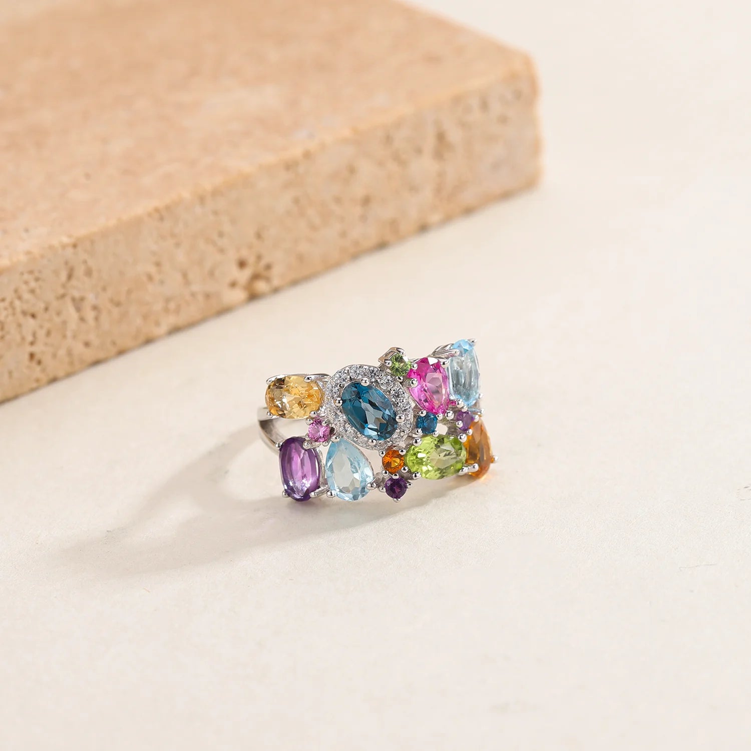 GEM'S BALLET Unique Handcrafted Multi-Gemstone Adjustable Ring, Natural, Citrine, Amethyst, Peridot, Topaz,  Sterling Silver - Style Savvy Collections