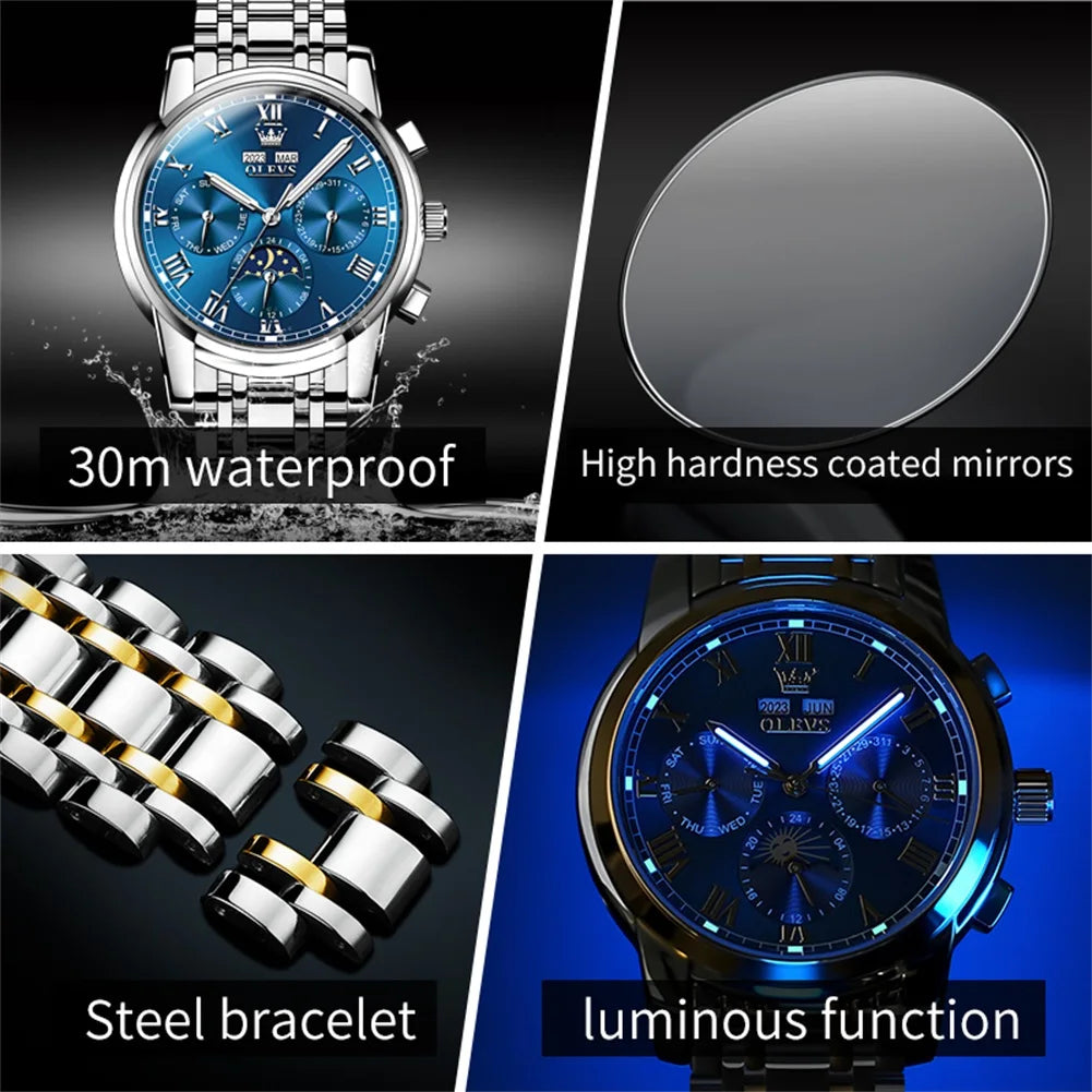 Men's Moon Phase Stainless Steel Strap Fully Automatic Mechanical Watch Luminous - Style Savvy Collections