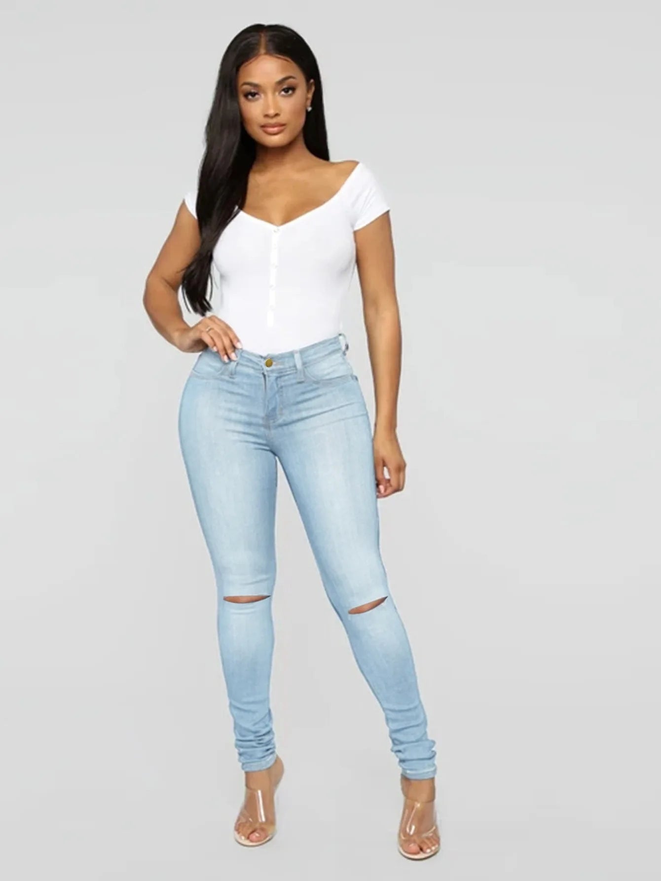 FIGOHR Stretchy High-Rise Pencil Jeans, Knee-Cut Ankle Length Skinny Jeans, - Style Savvy Collections