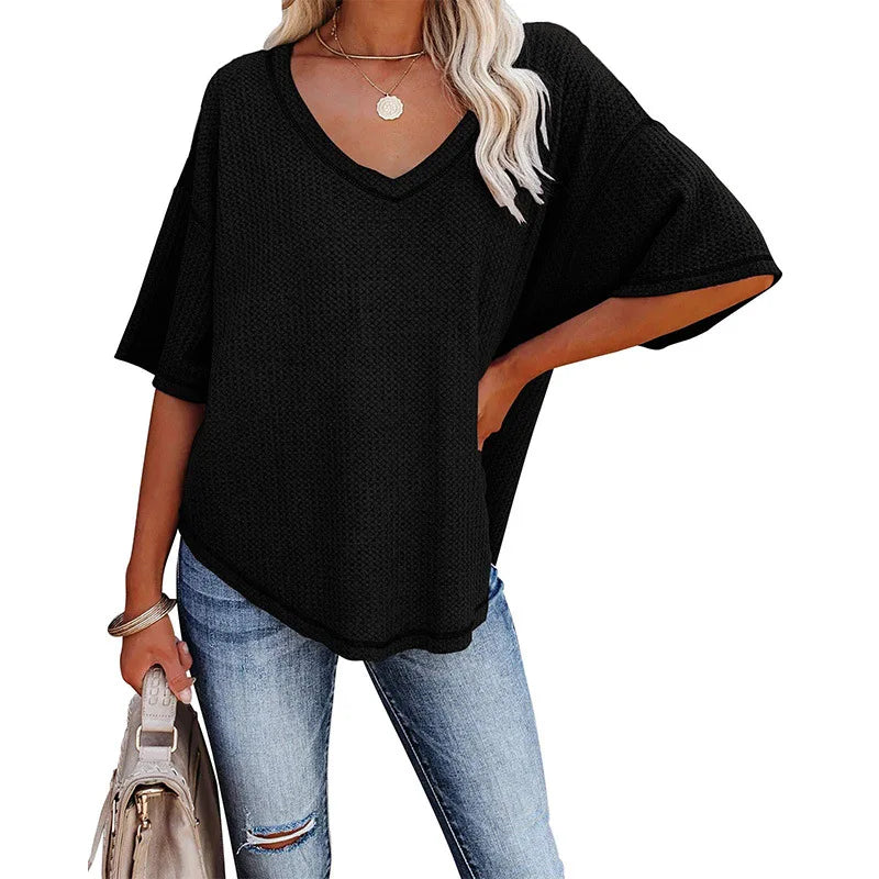 Ladies Tops bat sleeve T-Shirt V-Neck  Waffle Knit Loose Solid Color Short Sleeve - Style Savvy Collections