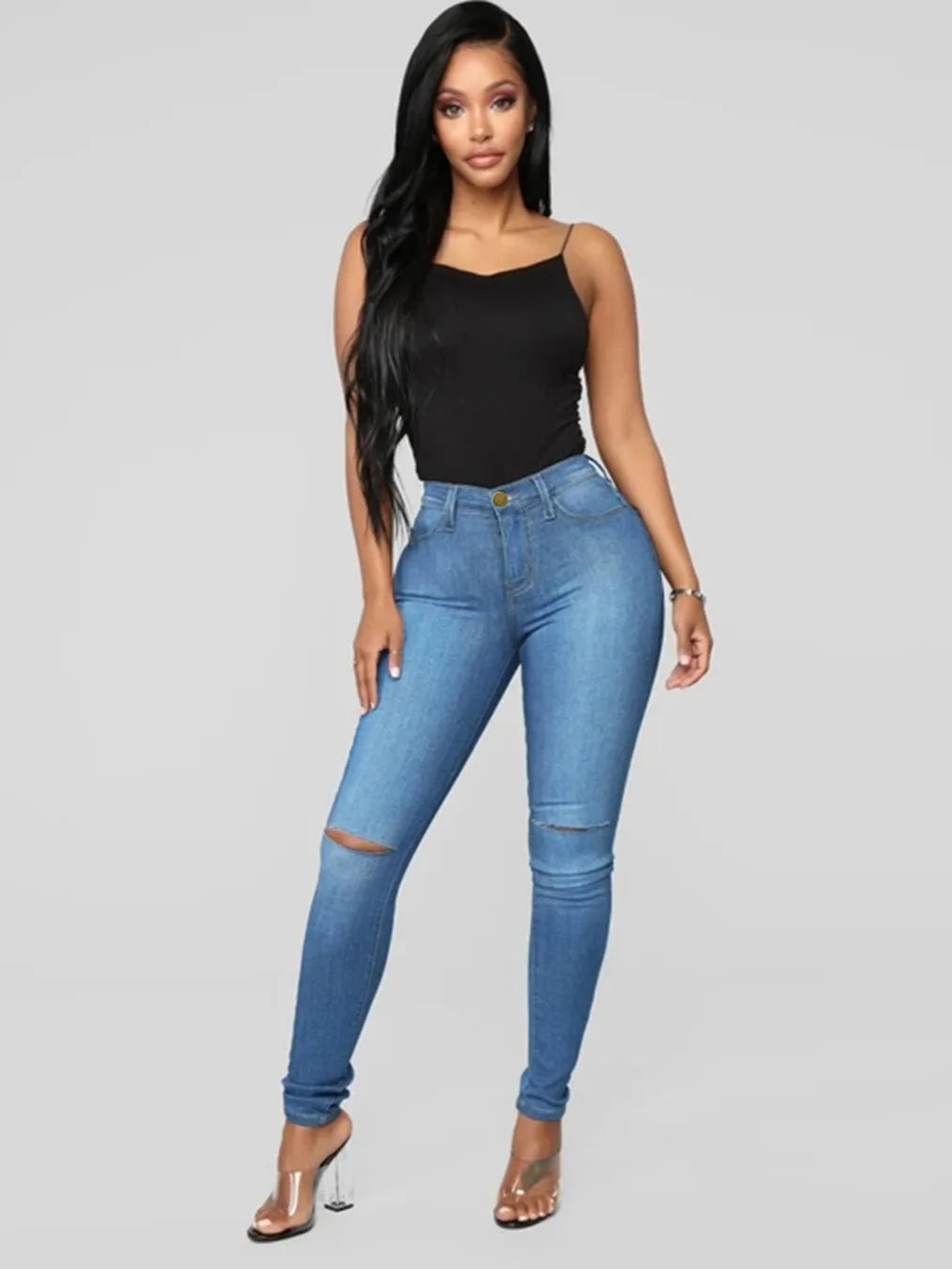 FIGOHR Stretchy High-Rise Pencil Jeans, Knee-Cut Ankle Length Skinny Jeans, - Style Savvy Collections