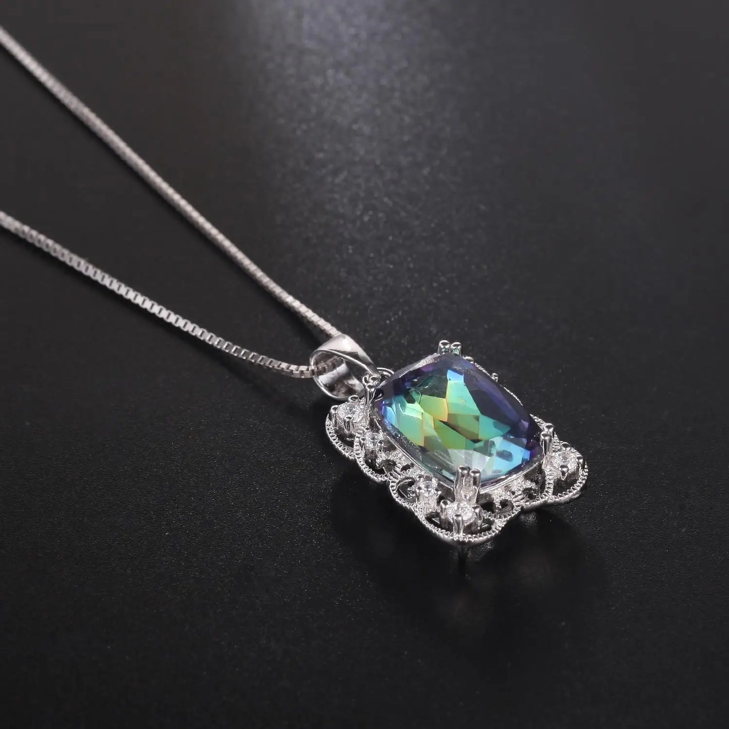 GEM'S BALLET Delicate Lace Necklace 9.66Ct 10x14mm Cushion Fire Mystic Topaz Sterling Silver - Style Savvy Collections